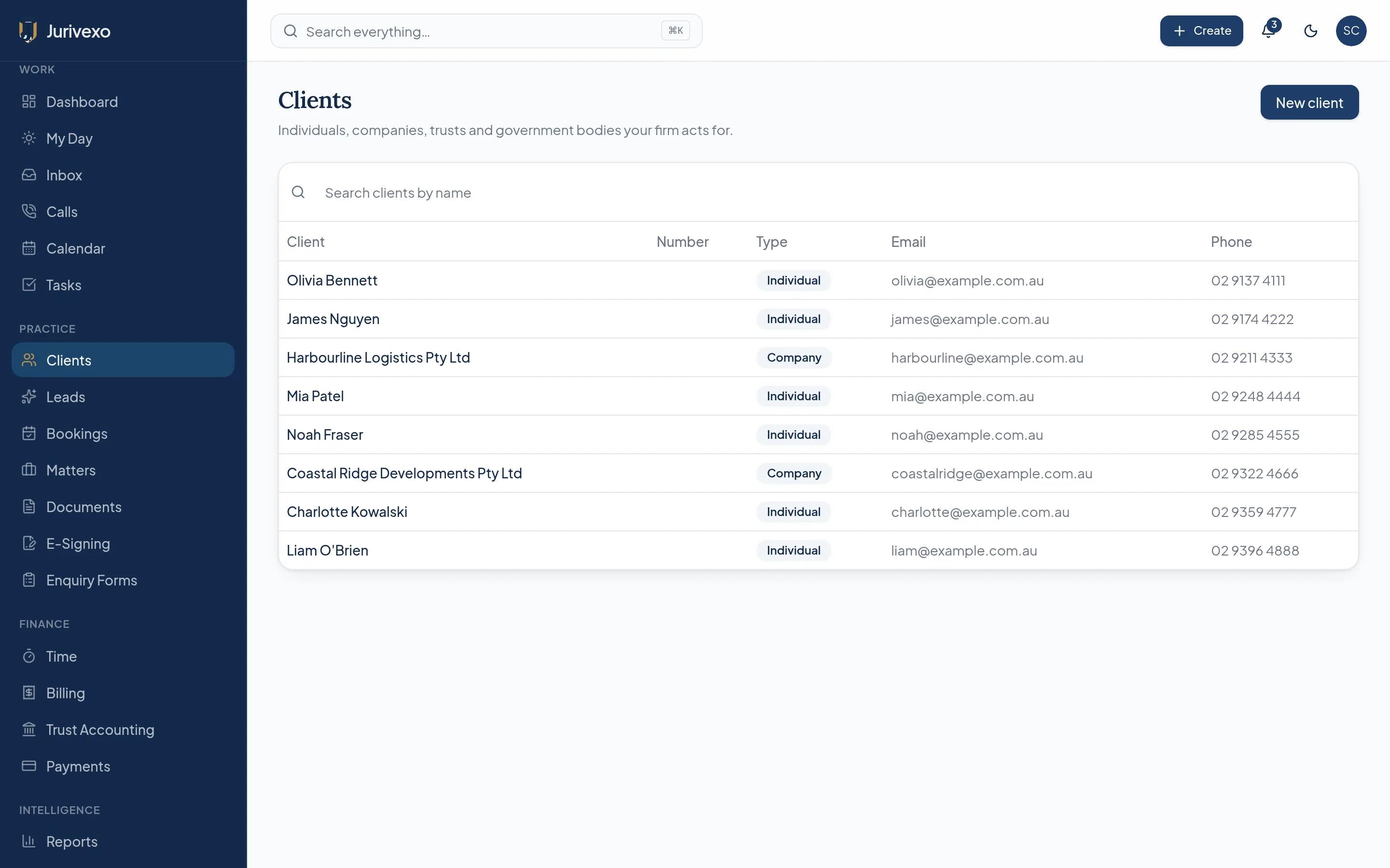 Jurivexo client profile showing related matters, contacts and activity for a demonstration client