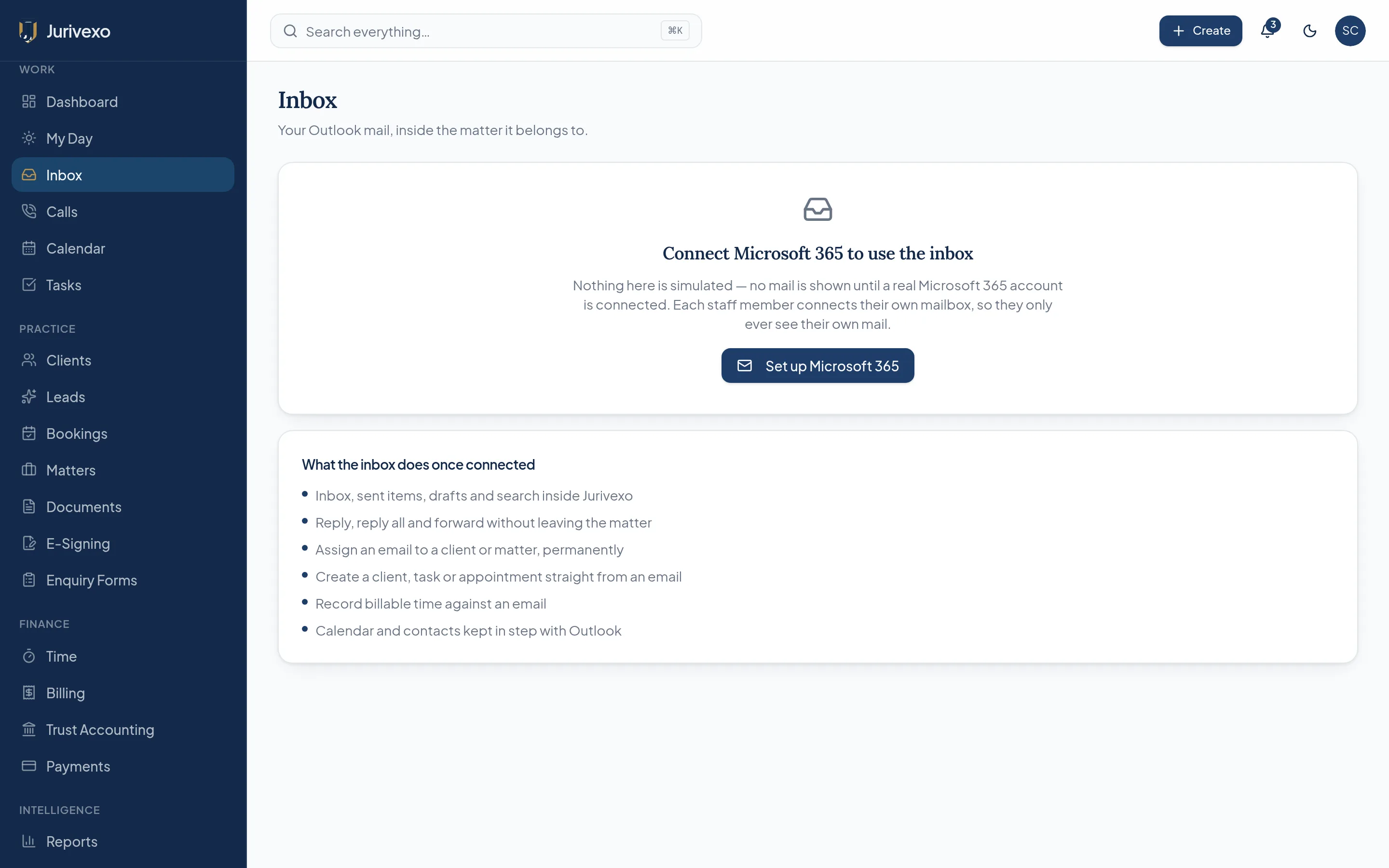 Jurivexo inbox screen showing matter filing for firm correspondence