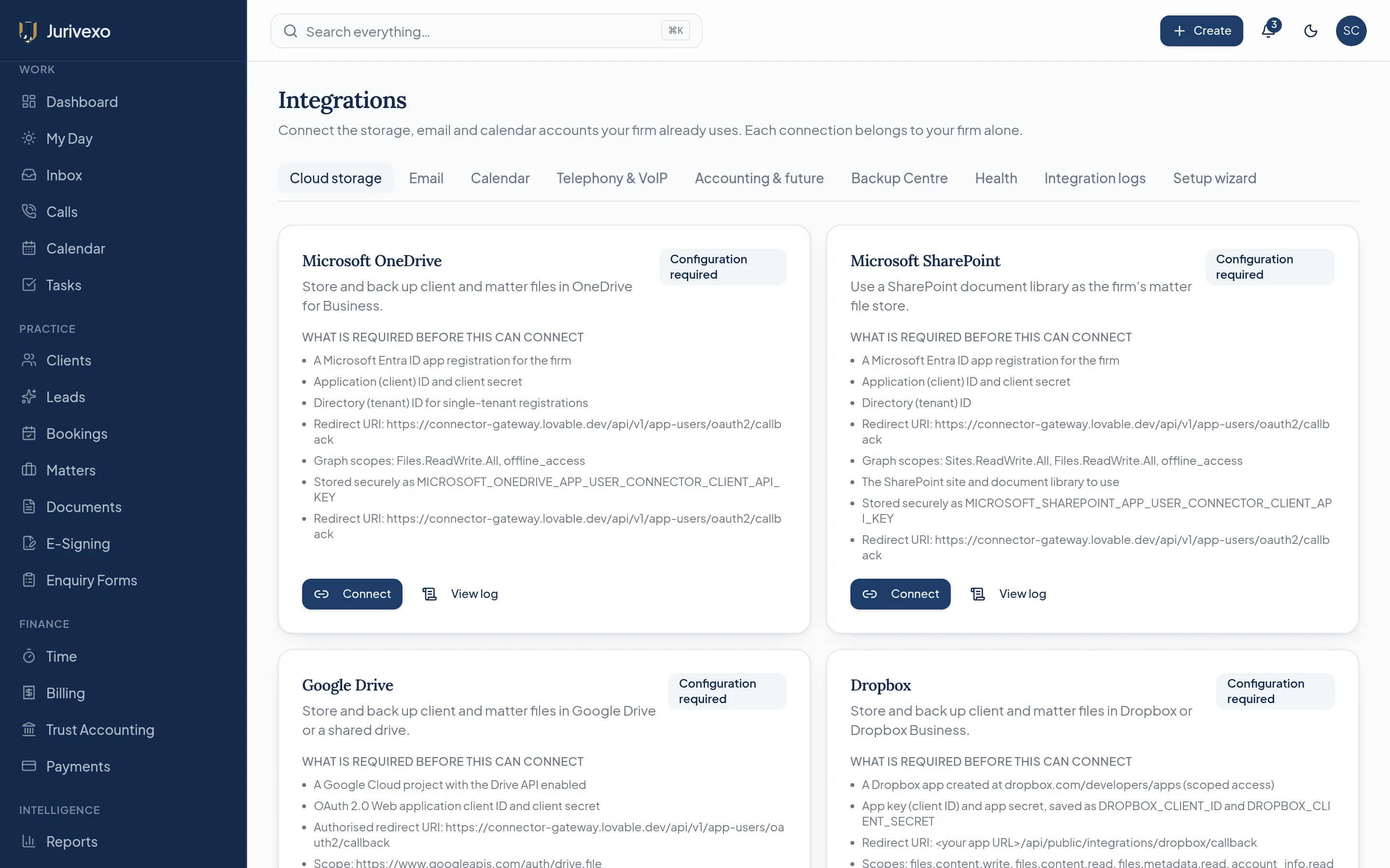 Jurivexo integrations hub listing cloud storage, email, calendar and telephony providers with connection status
