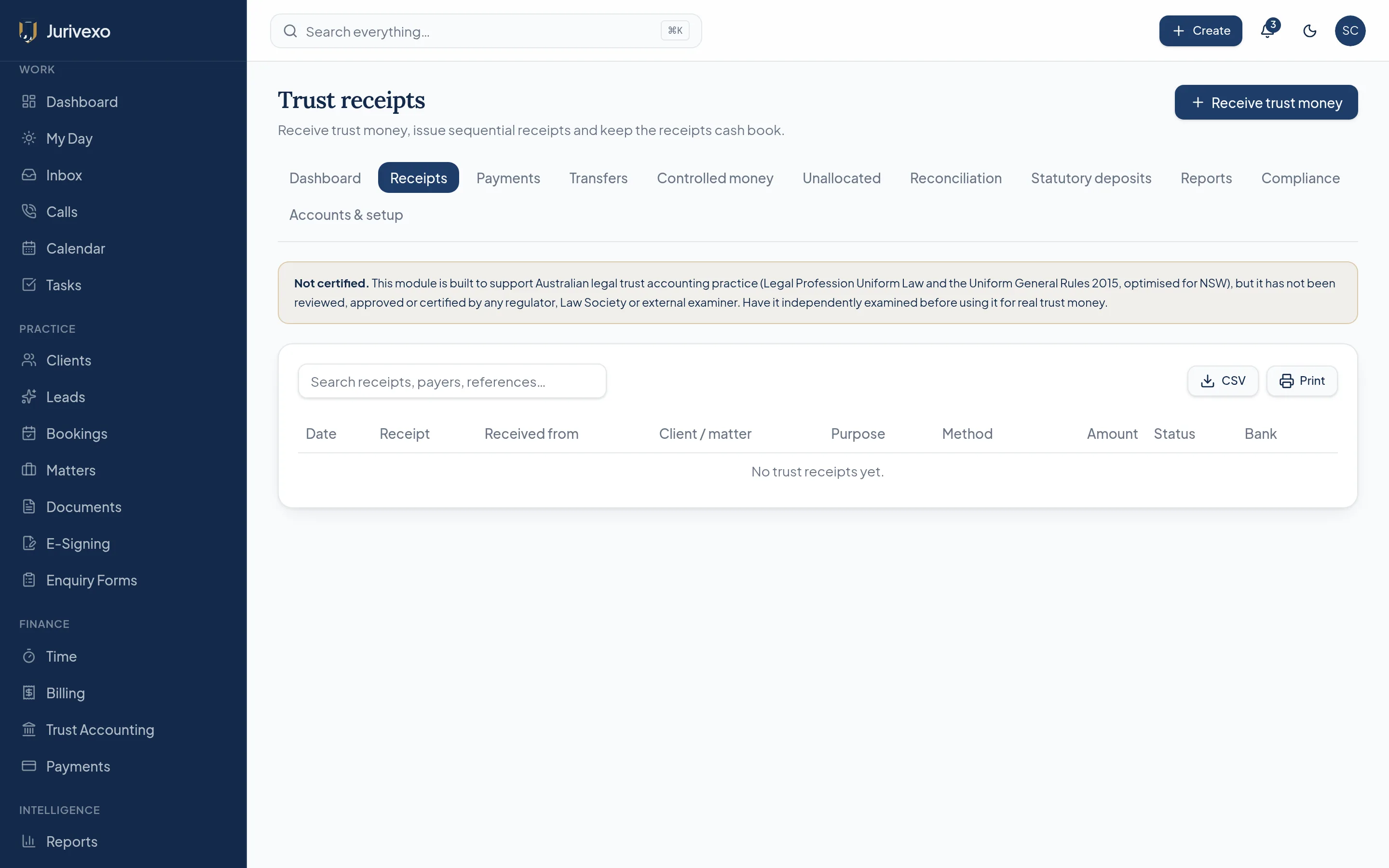 Jurivexo trust receipts screen showing sequentially numbered receipts for demonstration matters