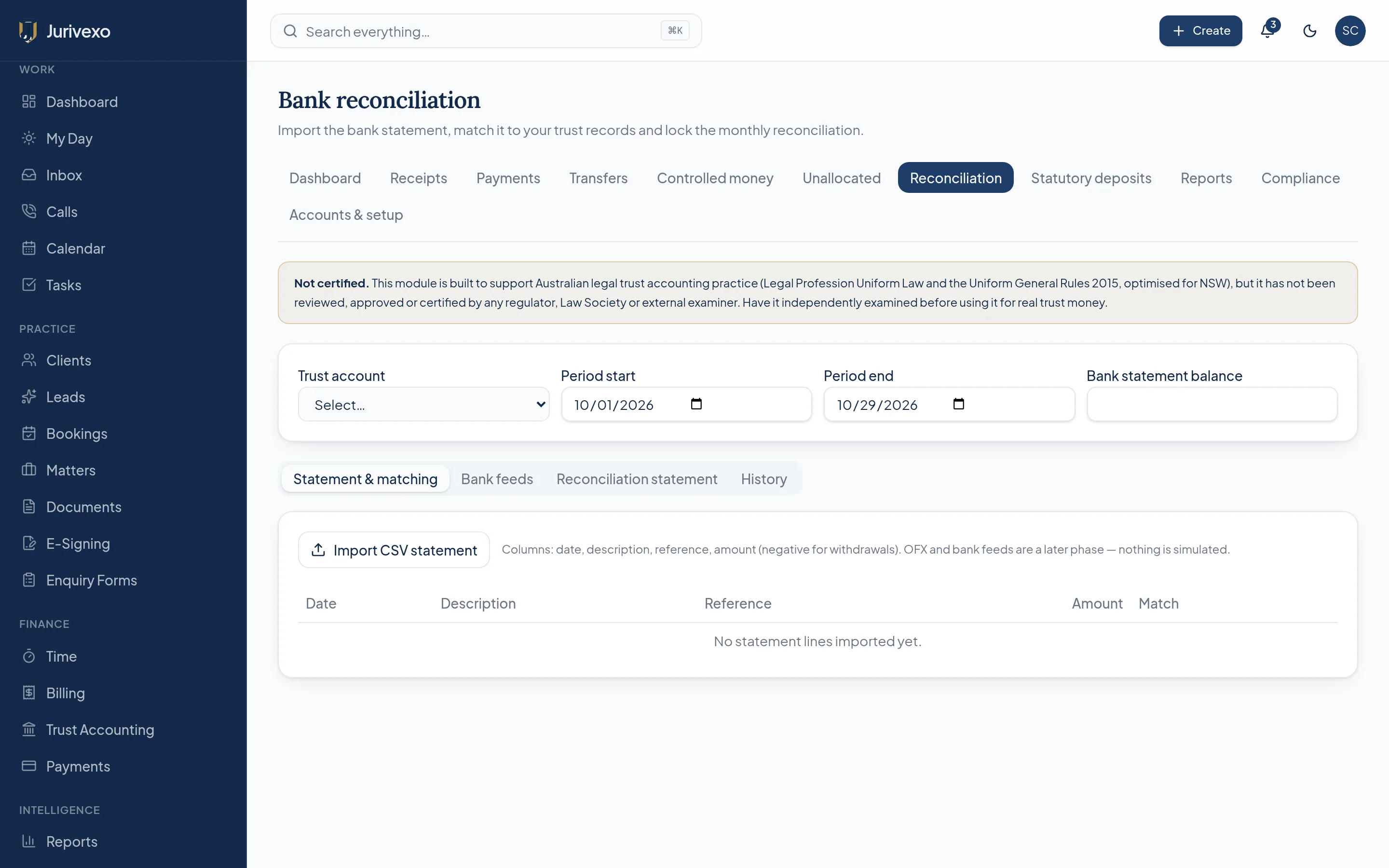 Jurivexo trust bank reconciliation screen with statement lines matched to trust receipts and payments