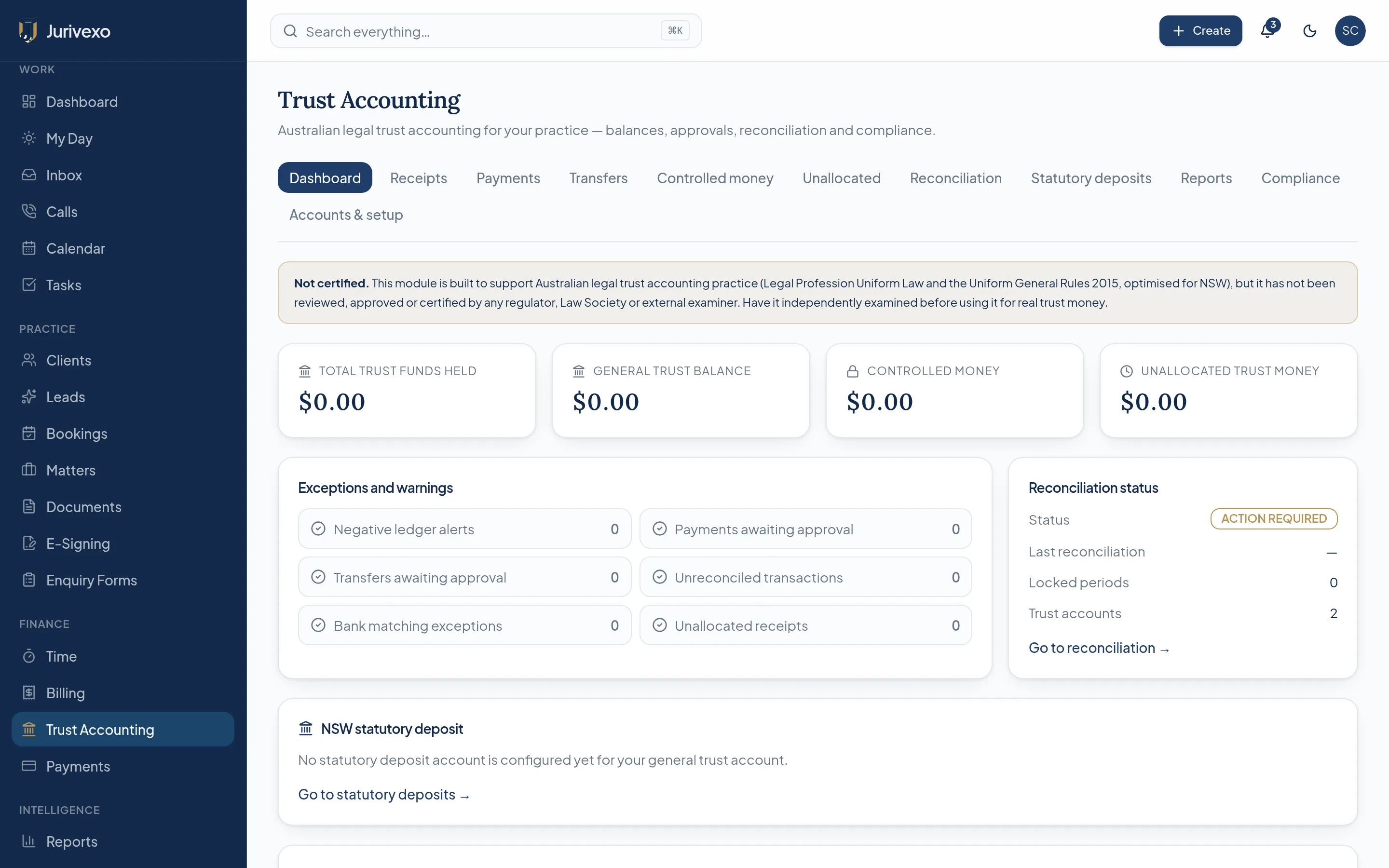 Jurivexo trust accounting dashboard showing trust funds held, controlled money and reconciliation status with demonstration figures